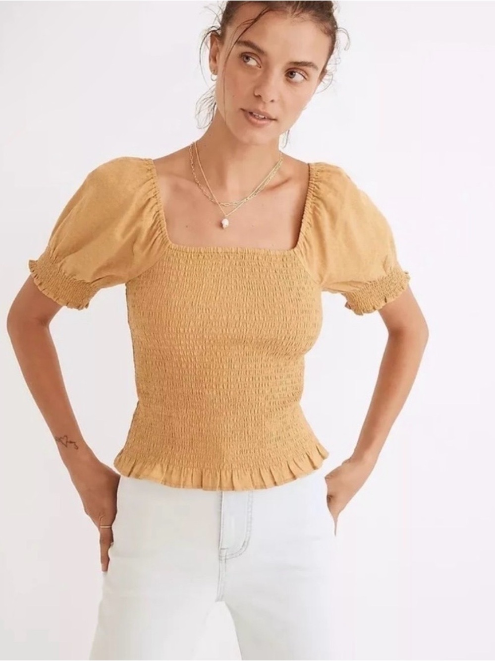 Madewell Lucie Mustard Smocked Square-Neck Puff Sleeve Top
